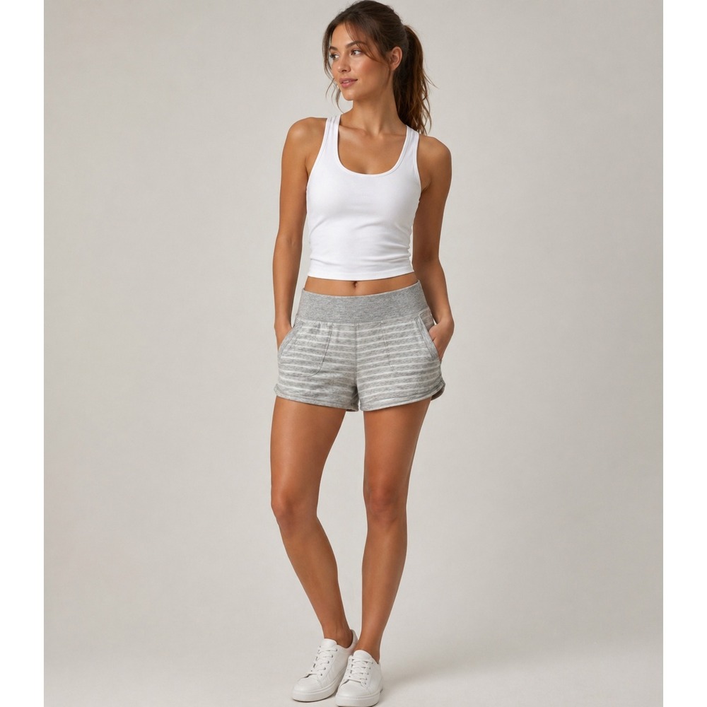 NWOT Athleta Striped Knit Shorts Medium Grey White Modal Blend Lounge Soft Cute